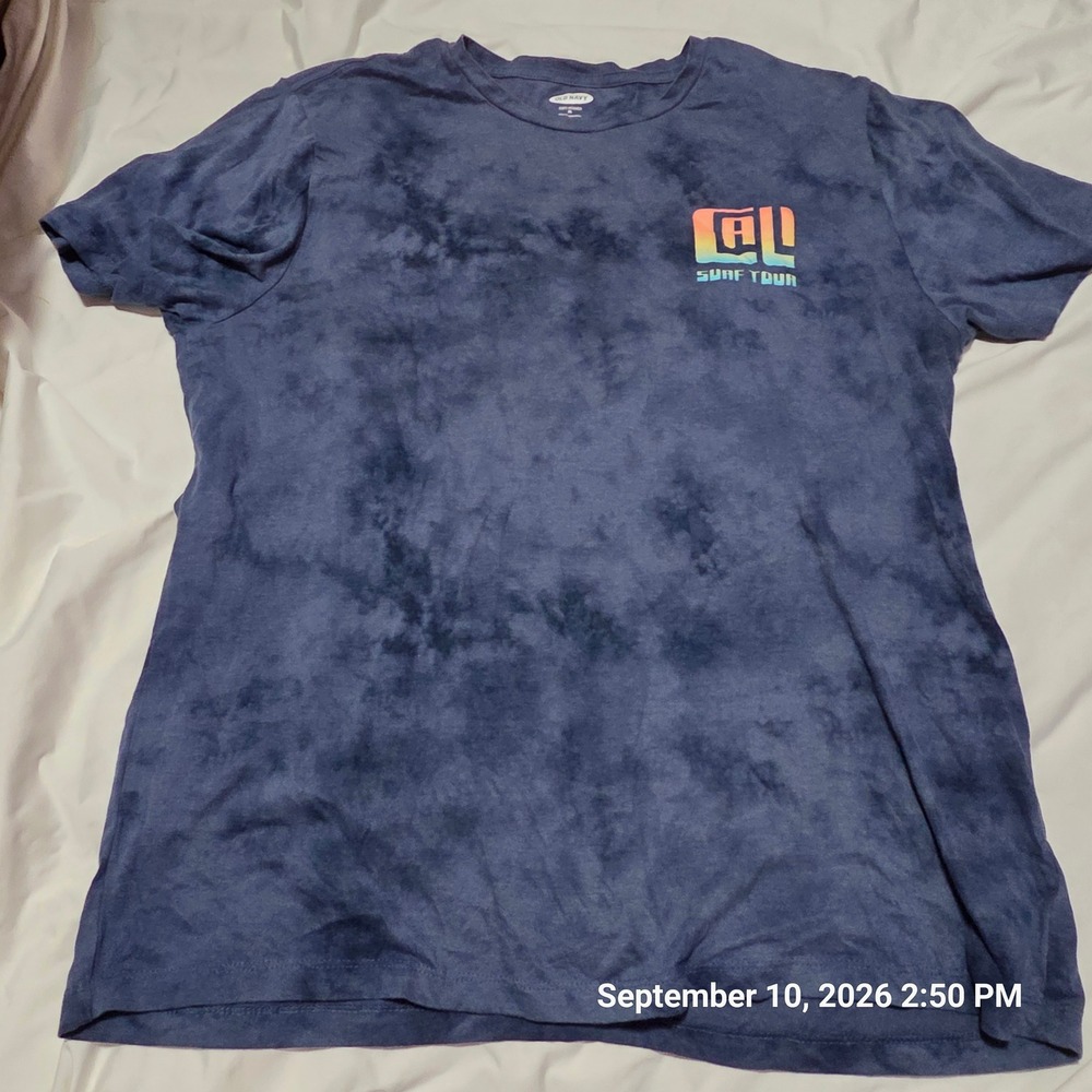 Old Navy Mens XL Navy Blue Tie Dye California Surf Tour Graphic T-Shirt Retro